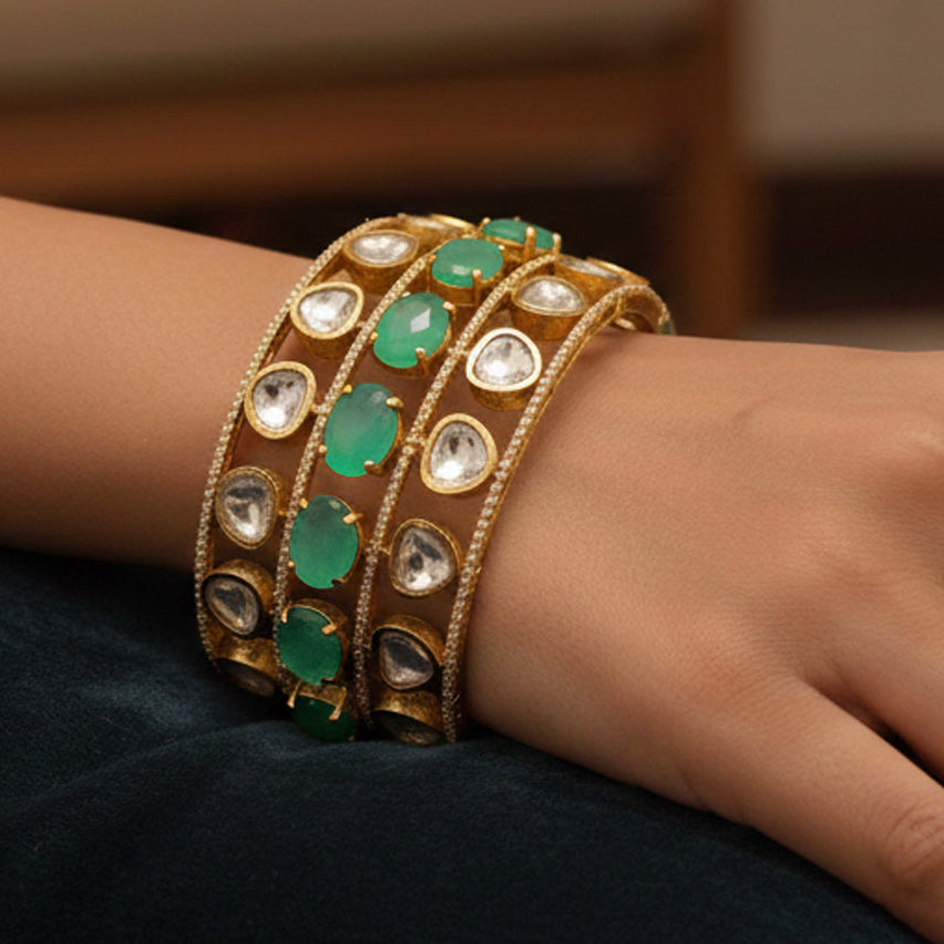 Luxury Golden Plated Brass Kada Set with Doublet Stones