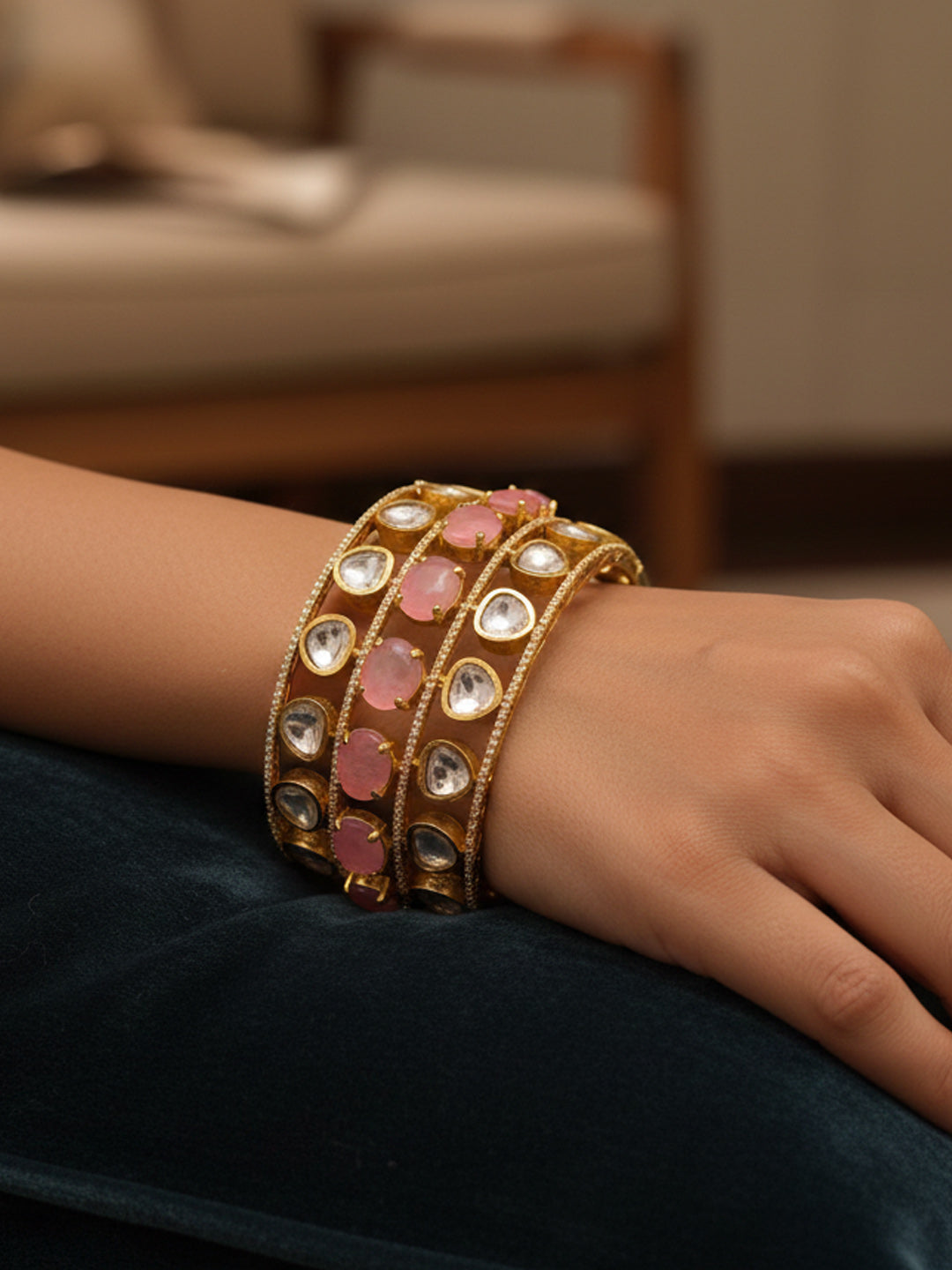Luxury Golden Plated Brass Kada Set with Doublet Stones