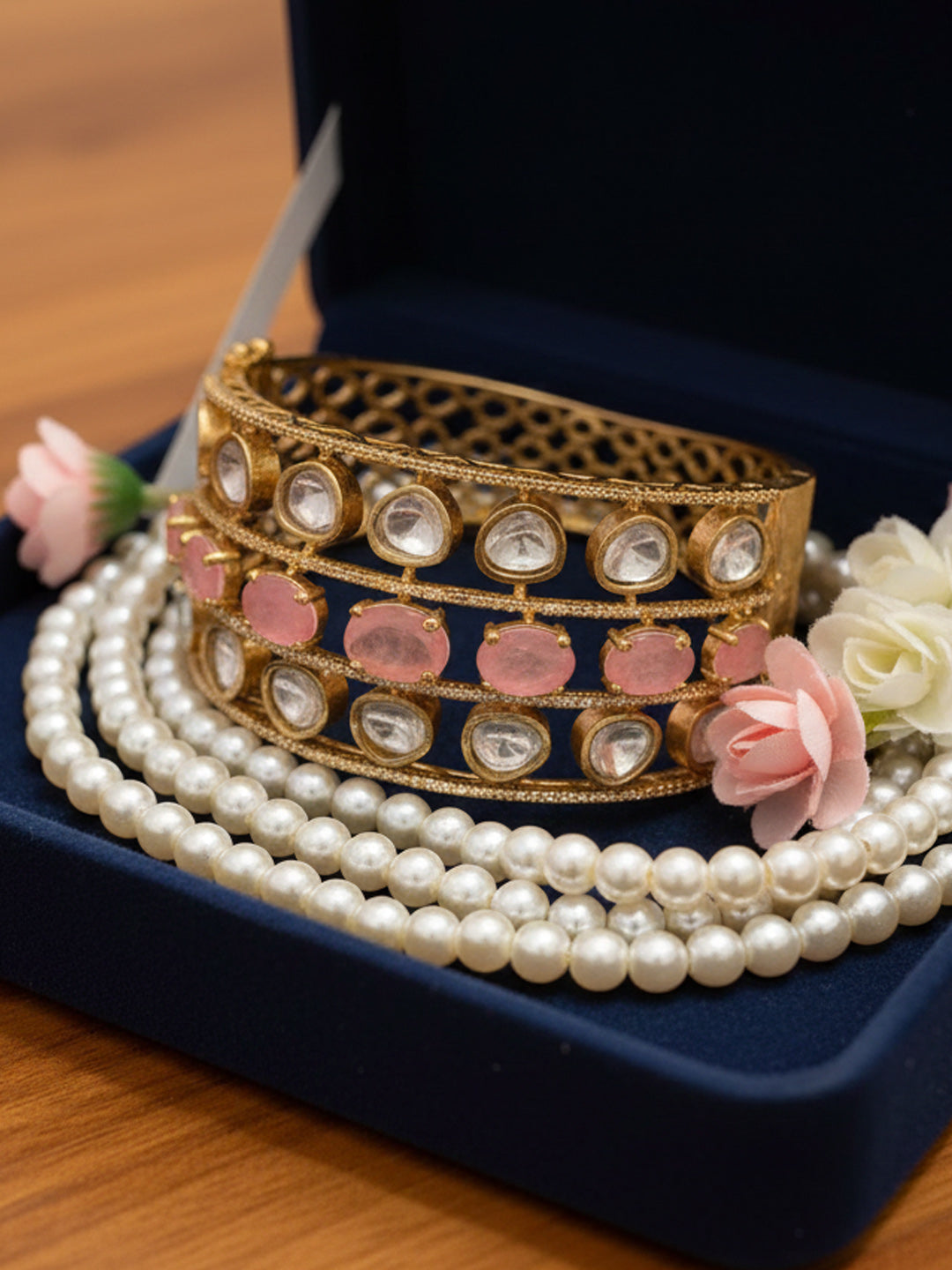 Luxury Golden Plated Brass Kada Set with Doublet Stones
