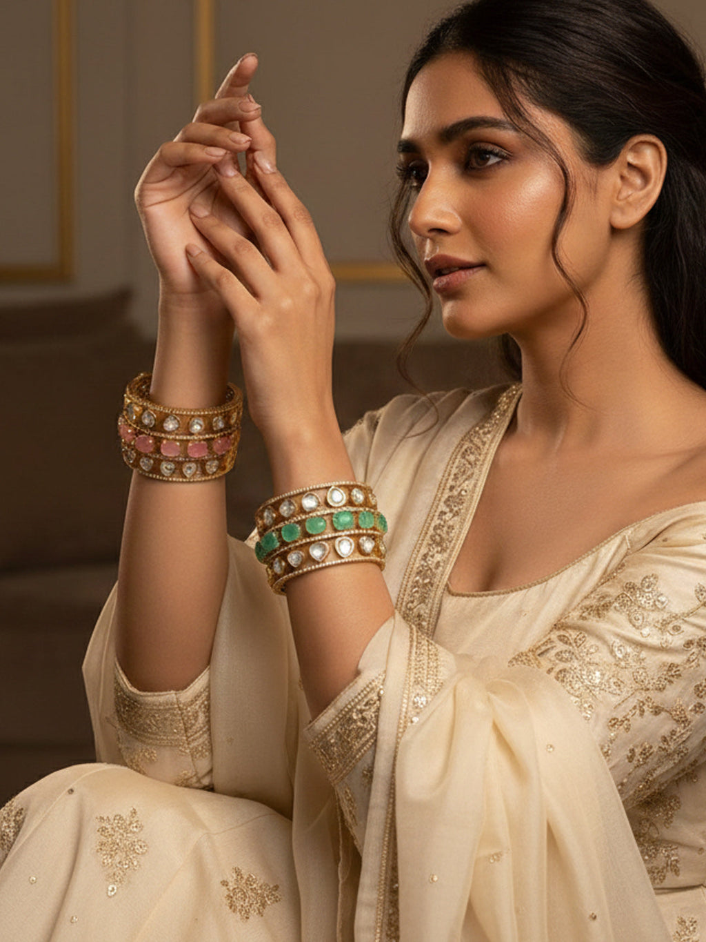 Luxury Golden Plated Brass Kada Set with Doublet Stones
