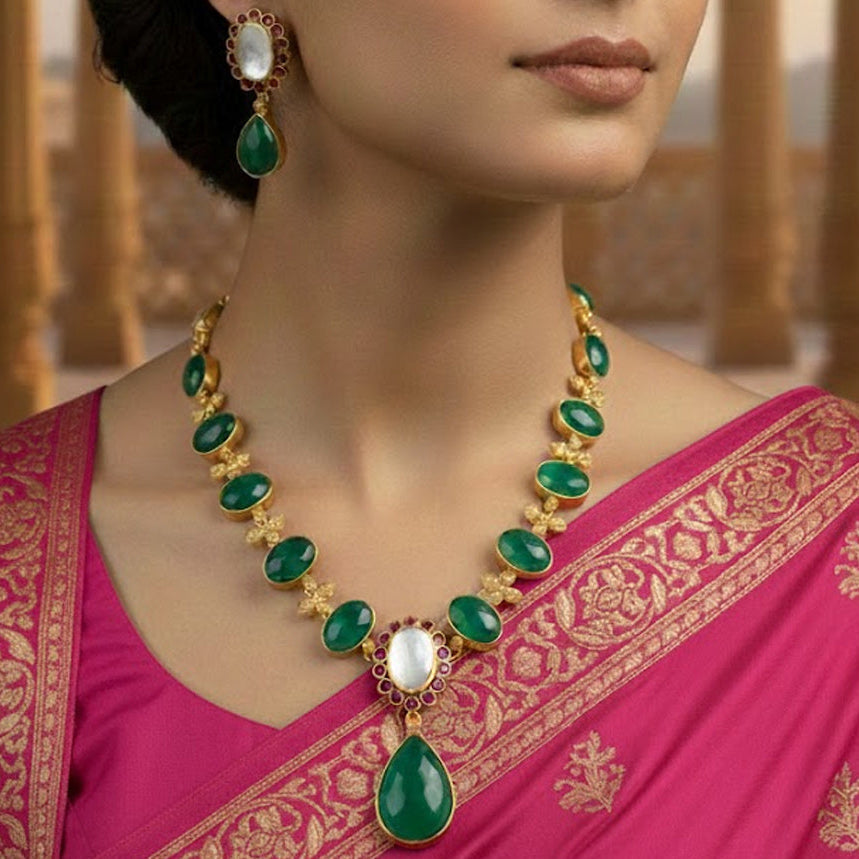 Designer Brass Necklace with Semi-Precious Stones in Gold Plating