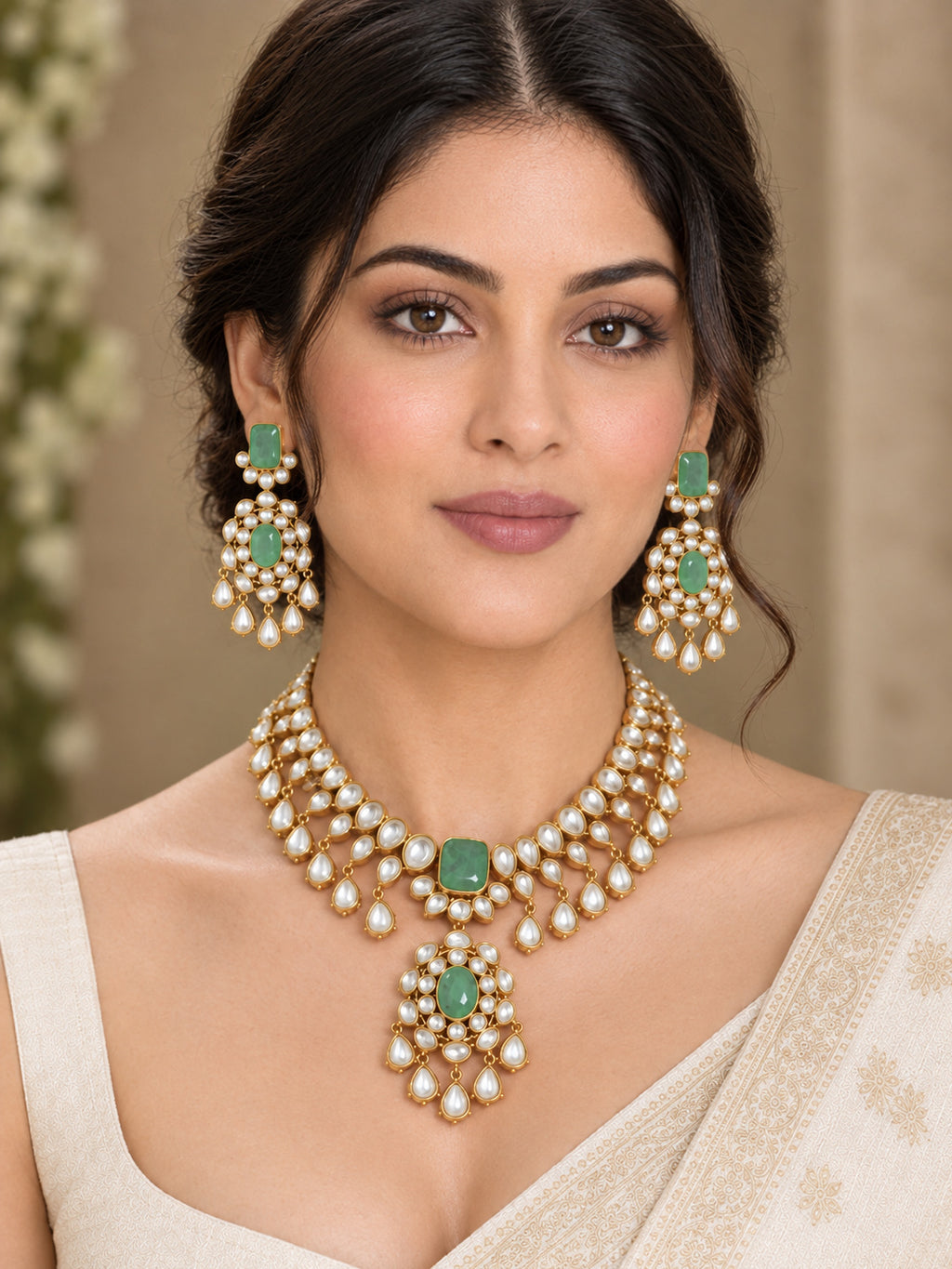 Elegant Golden Brass Polki Necklace Set with Green Semi-Precious Stones & Moissanite
