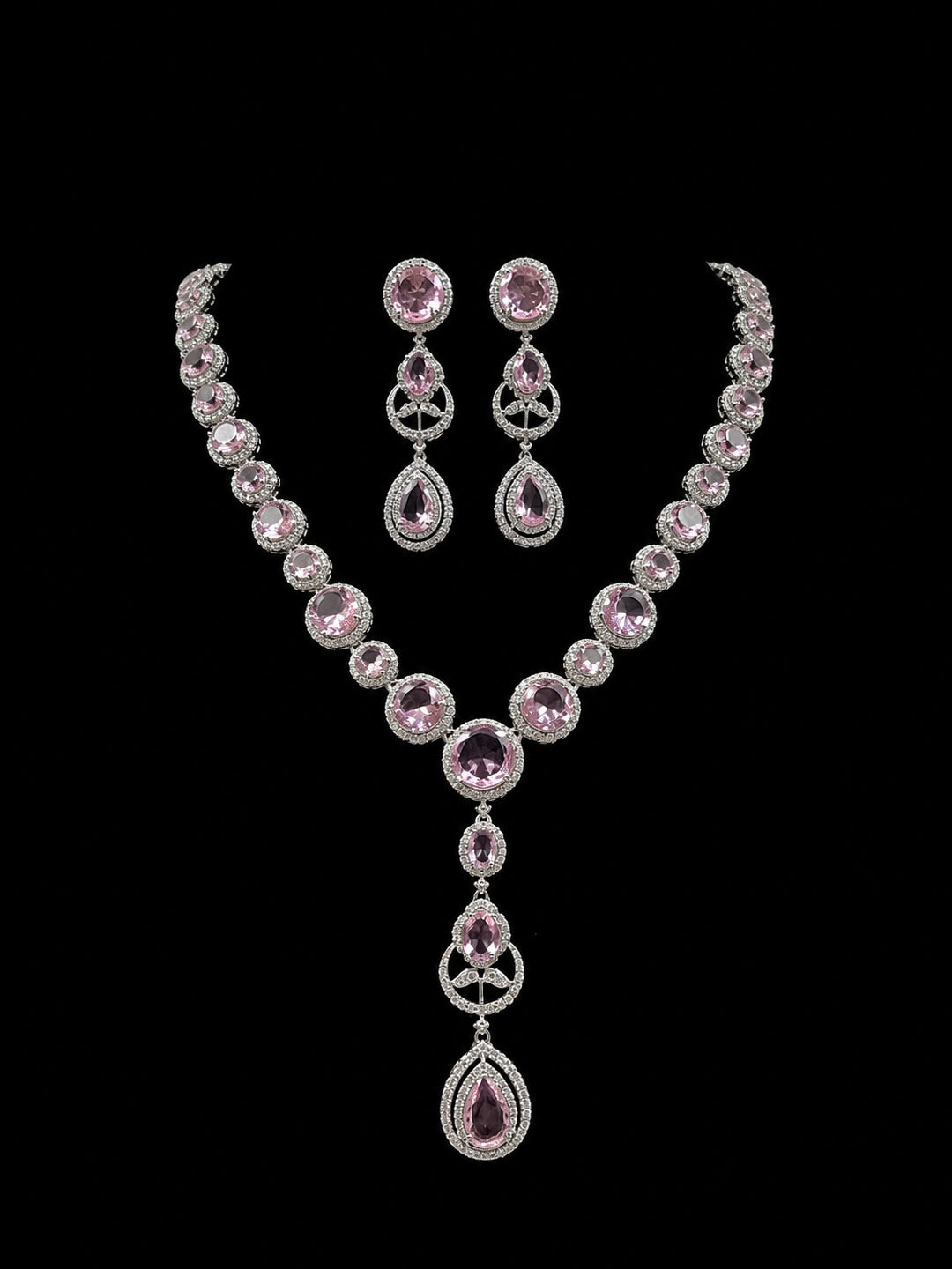 Premium Pink Crystal & American Diamond Necklace Set | Elegant Party Wear Jewelry
