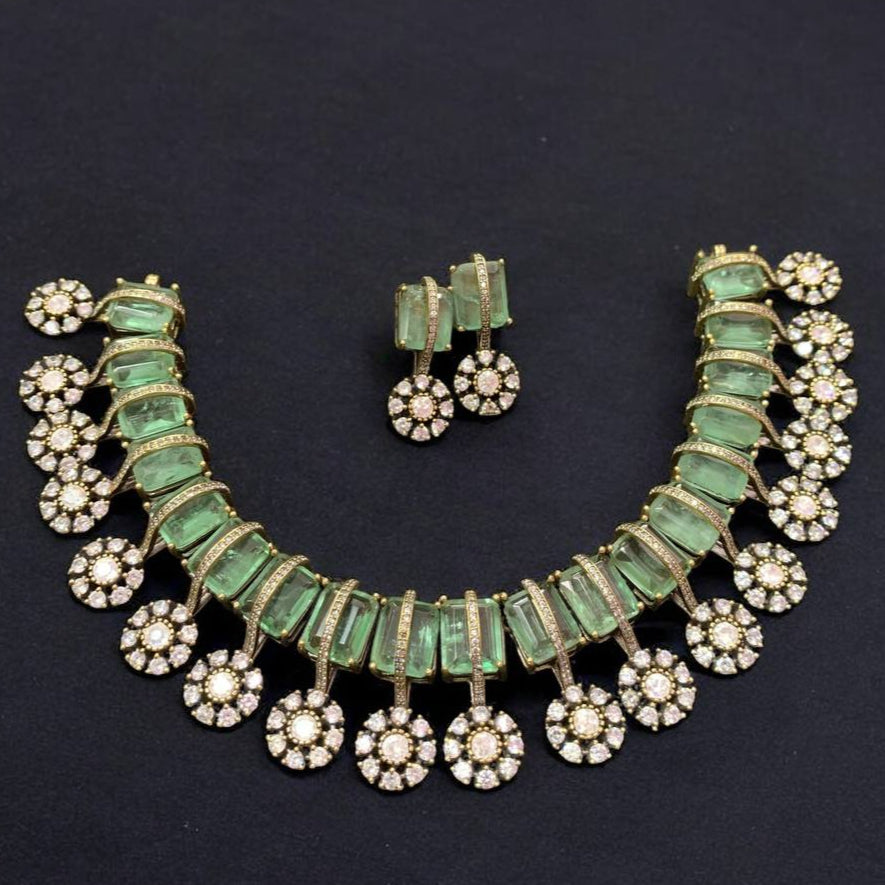 Majestic Mint Green & Diamond Floral Choker Necklace Set
