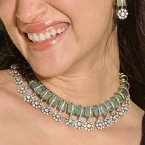 Majestic Mint Green & Diamond Floral Choker Necklace Set