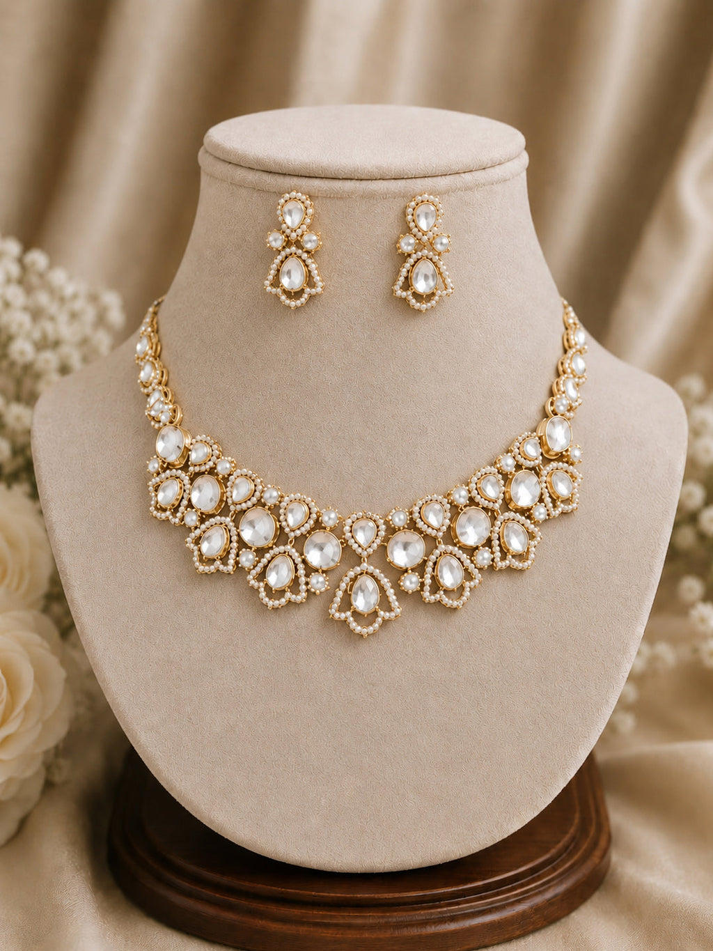 Timeless Elegance Kundan Polki Choker Necklace Set with Seed Pearl Border & Drop Earrings in Gold Brass