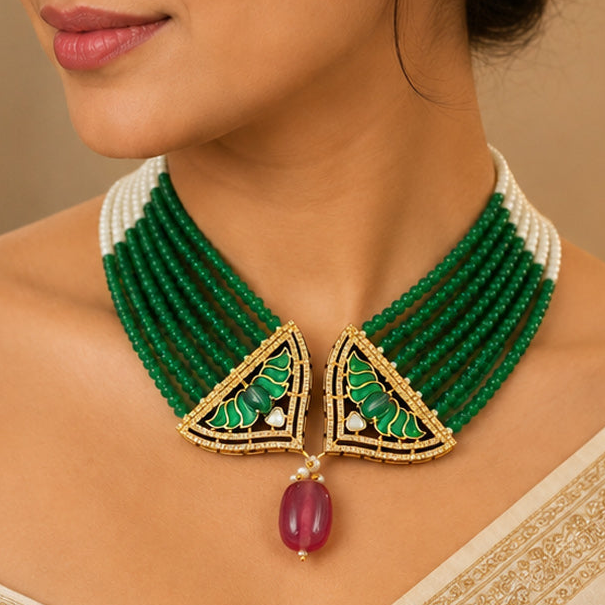 Elegant Green Multi-Strand Beaded Necklace with Gold Triangle Pendant & Red Drop