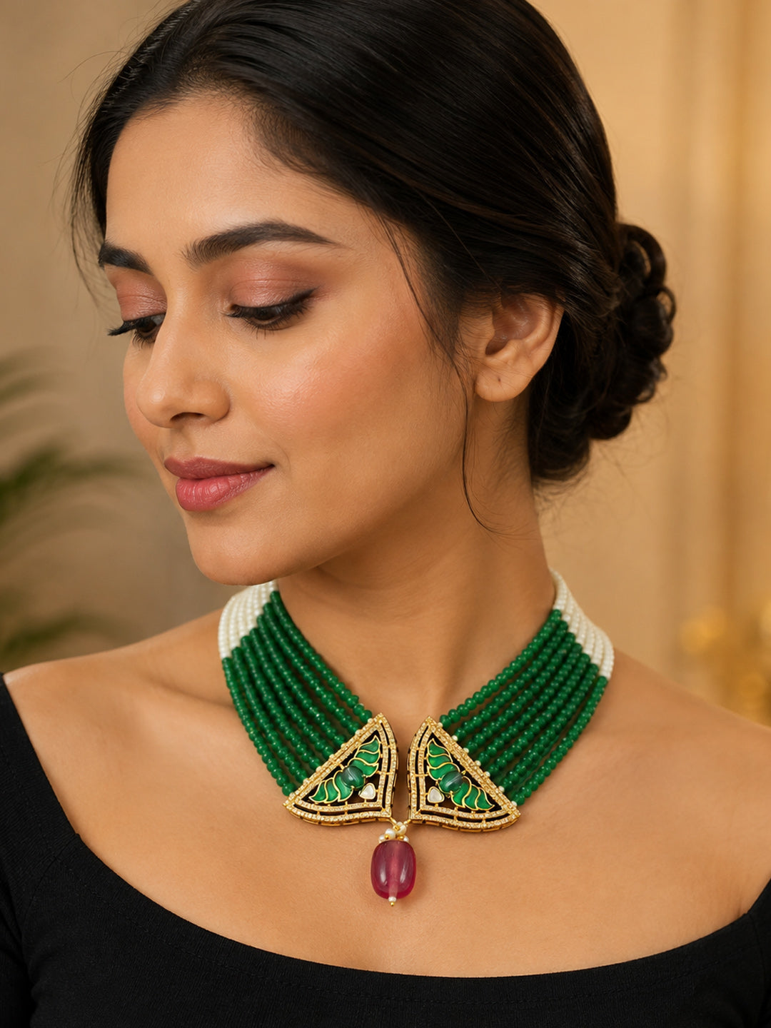 Elegant Green Multi-Strand Beaded Necklace with Gold Triangle Pendant & Red Drop