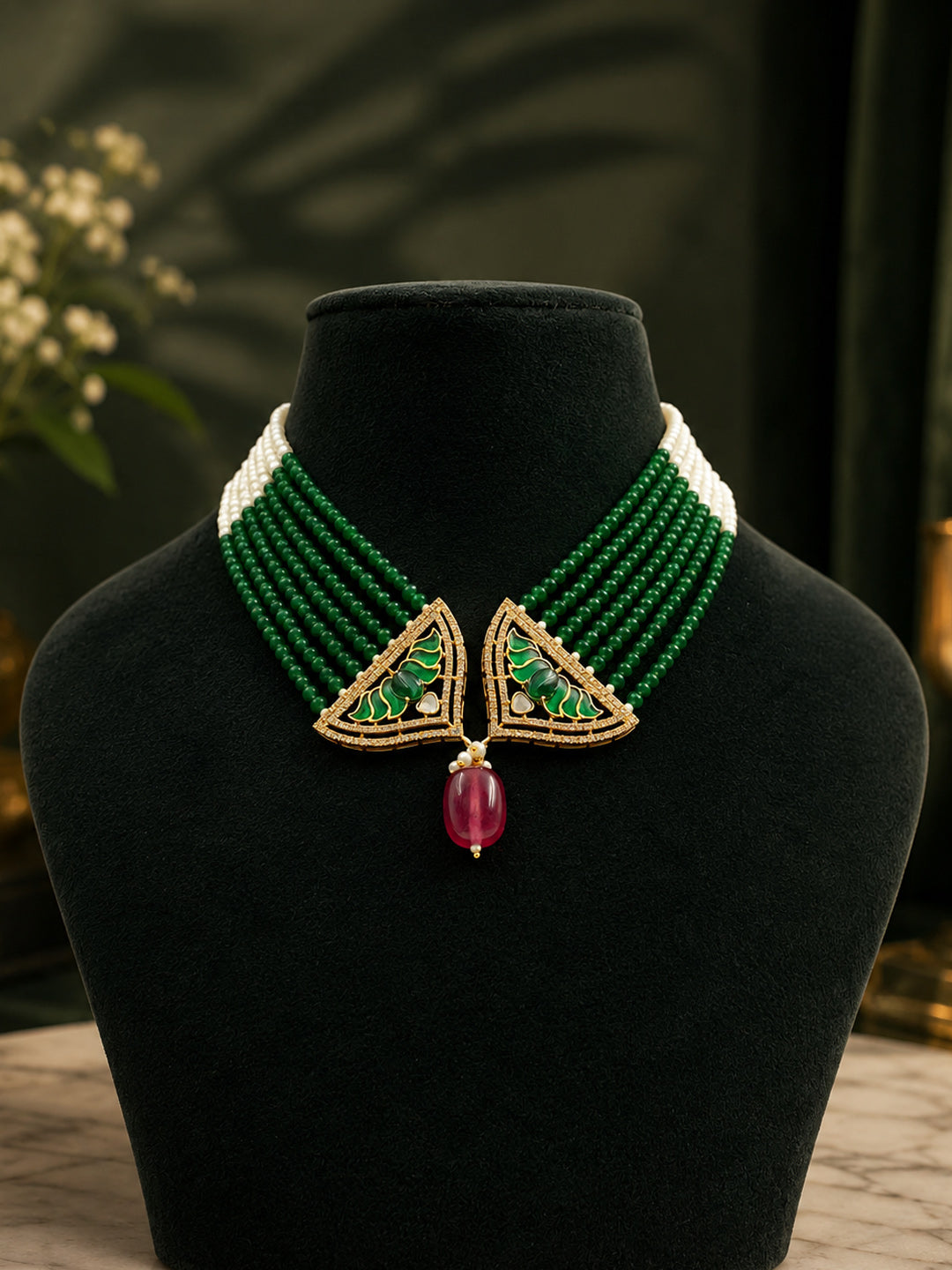 Elegant Green Multi-Strand Beaded Necklace with Gold Triangle Pendant & Red Drop