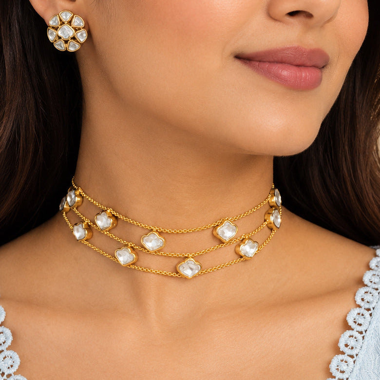 Elegant Golden Brass Polki Necklace & Earrings Set with Moissanite