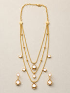 Golden Brass Polki Moissanite Necklace Set for Women | Elegant Layered Necklace with Matching Earrings | Traditional & Party Wear Jewelry