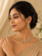 Floral Kundan Polki Choker Necklace Set with Dangling Diamond Drops & Long Earrings in Gold Brass"