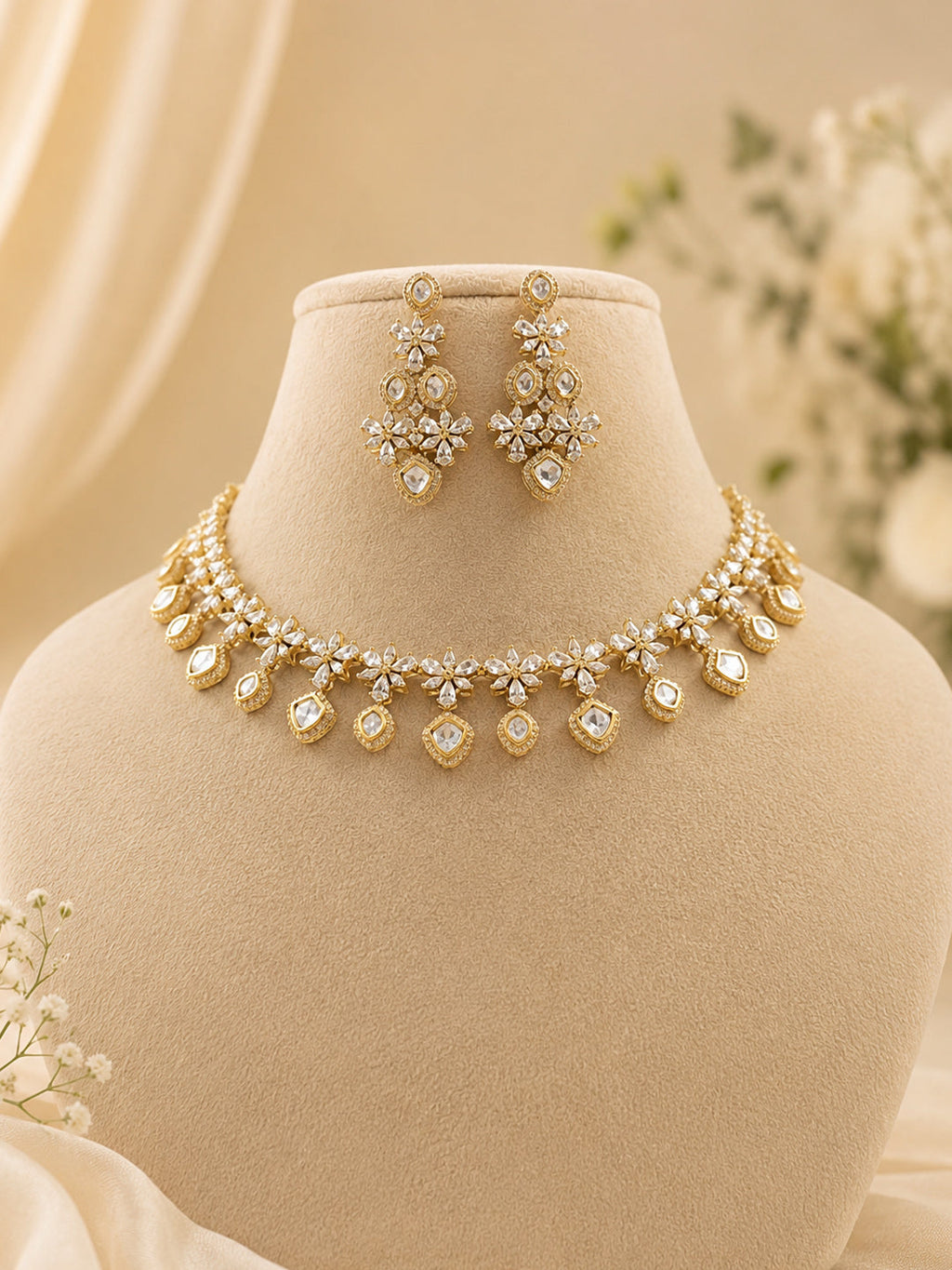 Floral Kundan Polki Choker Necklace Set with Dangling Diamond Drops & Long Earrings in Gold Brass"