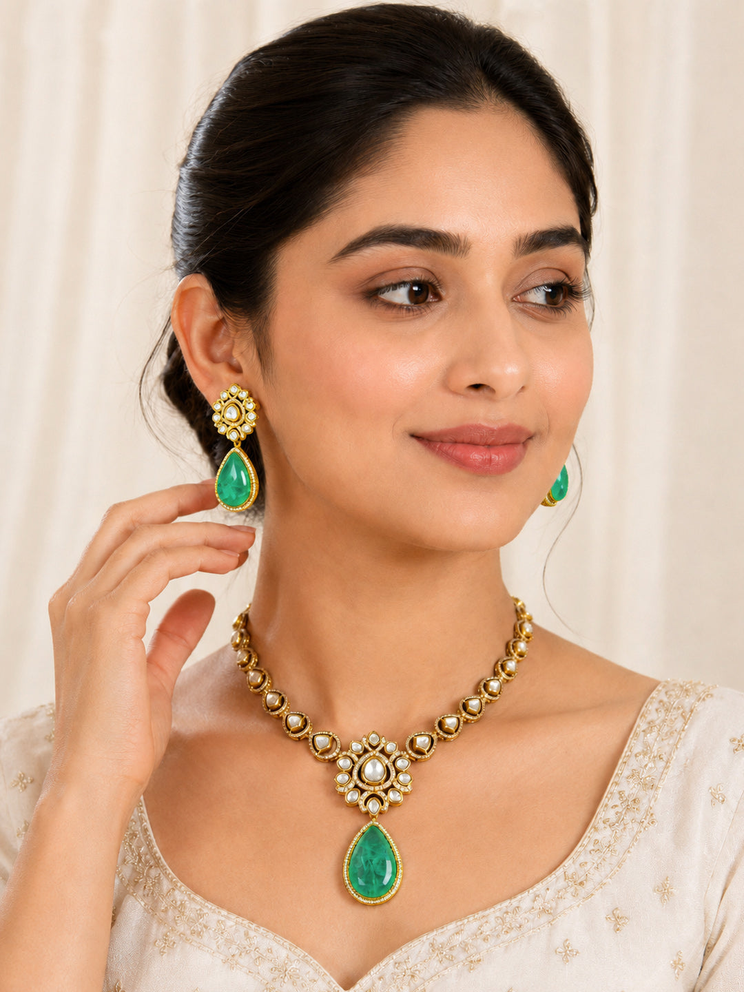 Premium Gold-Plated Green Doublet Necklace Set with AAA AD Polki & Moissanite Stones – Elegant Designer Jewellery