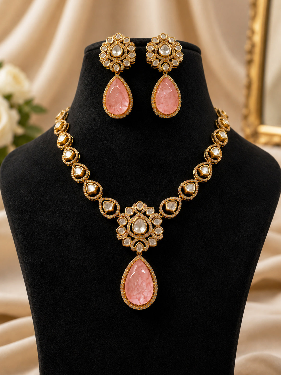 Premium Gold-Plated Pink Doublet Necklace Set with AAA AD Polki & Moissanite Stones – Elegant Designer Jewellery