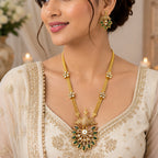 Silver-Plated Emerald Green Doublet Stone Necklace Set with AAA Quality AD & Polki Moissanite
