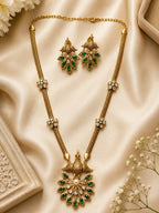 Silver-Plated Emerald Green Doublet Stone Necklace Set with AAA Quality AD & Polki Moissanite