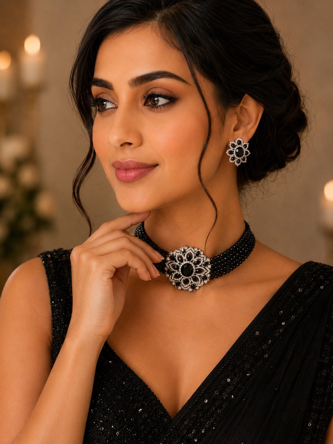 Multi-Strand Black Onyx Bead Choker Necklace Set with Floral AD Centre Piece & Earrings in Victorian Silver"