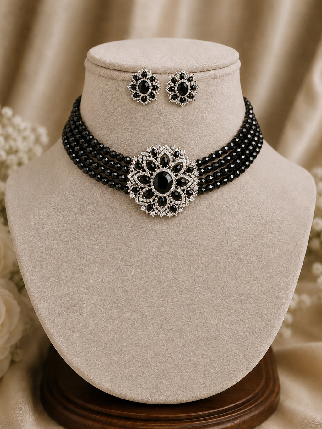 Multi-Strand Black Onyx Bead Choker Necklace Set with Floral AD Centre Piece & Earrings in Victorian Silver"