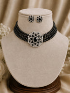 Multi-Strand Black Onyx Bead Choker Necklace Set with Floral AD Centre Piece & Earrings in Victorian Silver"