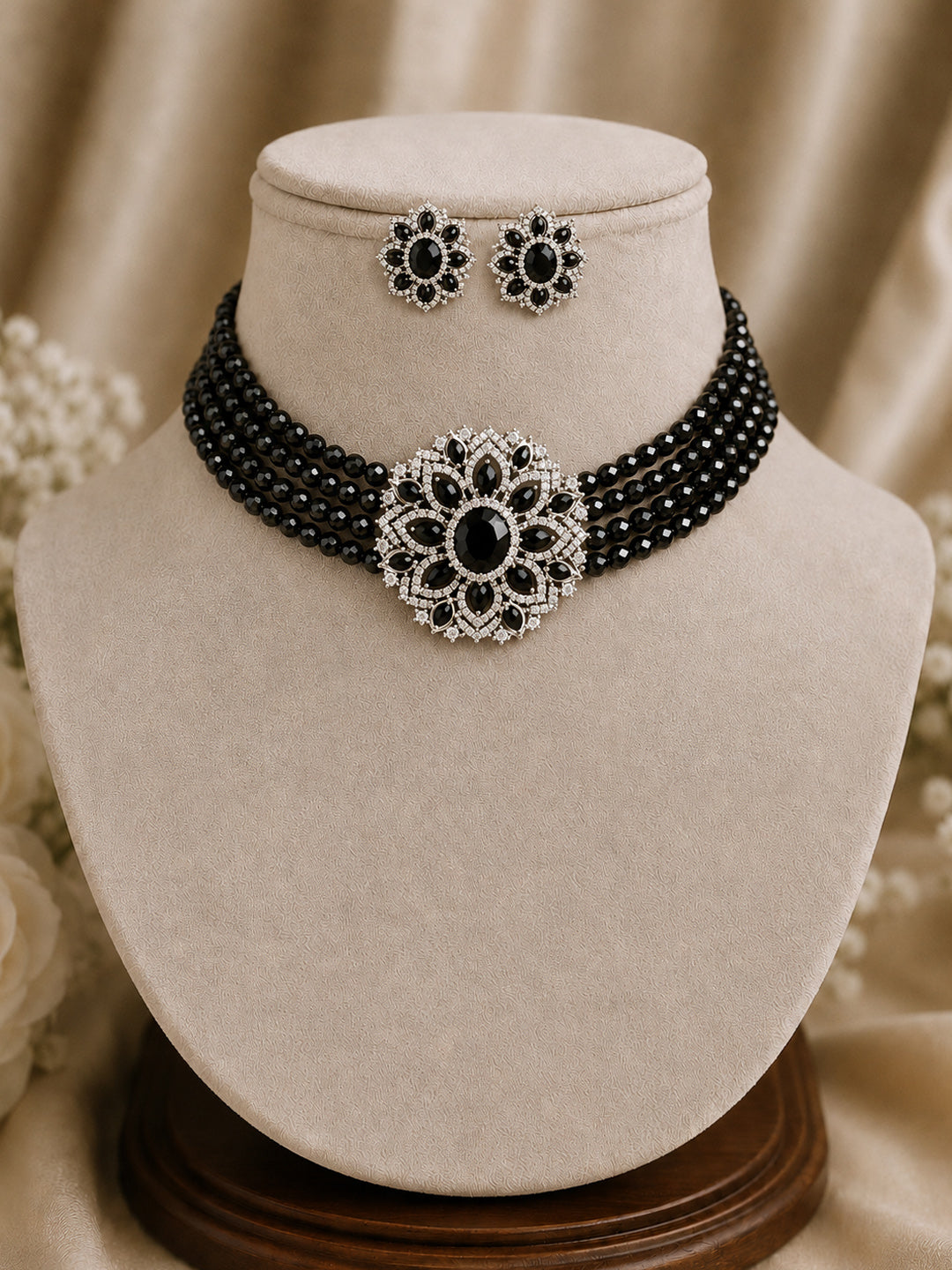Multi-Strand Black Onyx Bead Choker Necklace Set with Floral AD Centre Piece & Earrings in Victorian Silver"