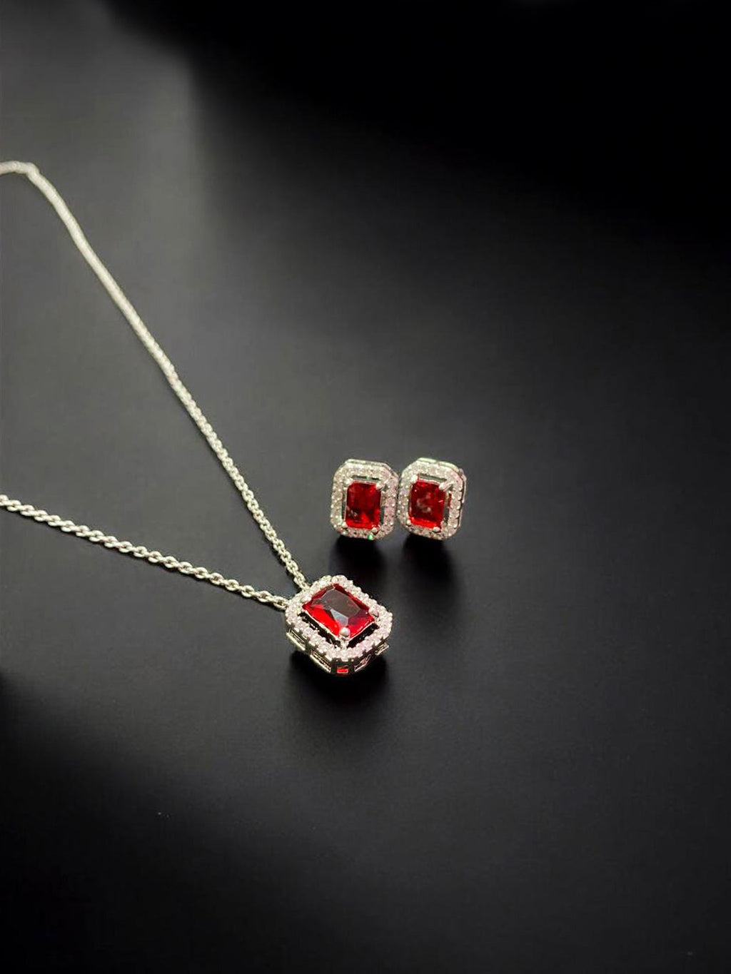 Elegant Red Crystal Pendant Necklace & Stud Earrings Jewelry Set for Women