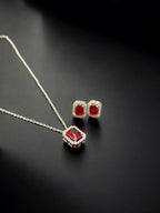 Elegant Red Crystal Pendant Necklace & Stud Earrings Jewelry Set for Women