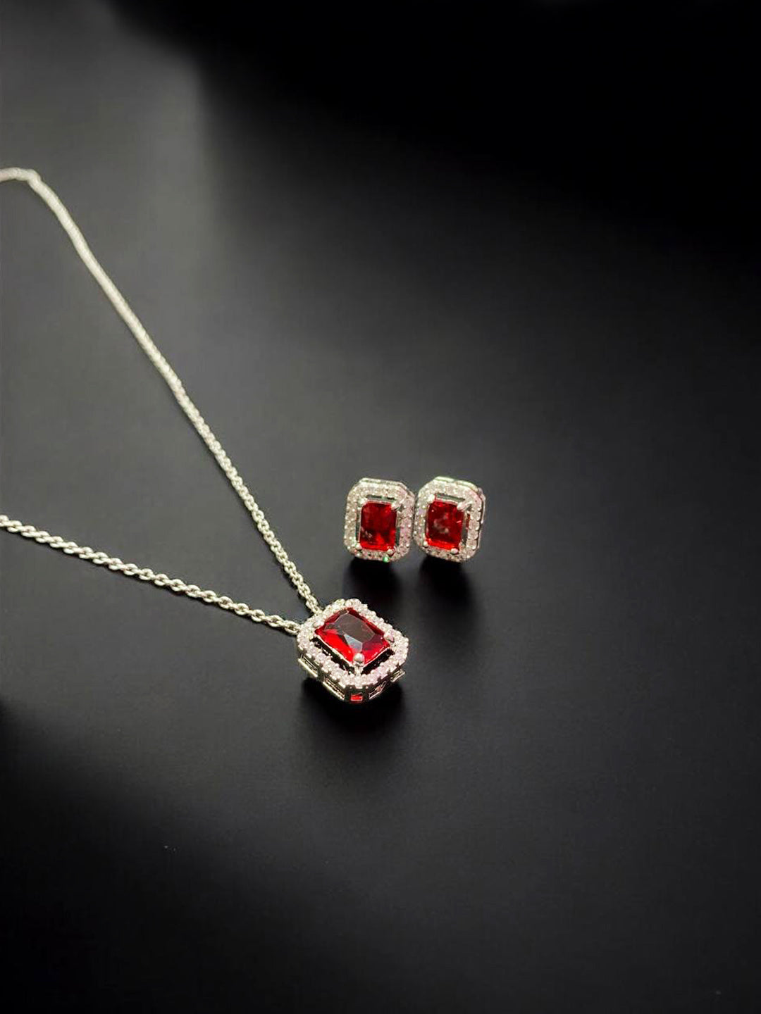 Elegant Red Crystal Pendant Necklace & Stud Earrings Jewelry Set for Women