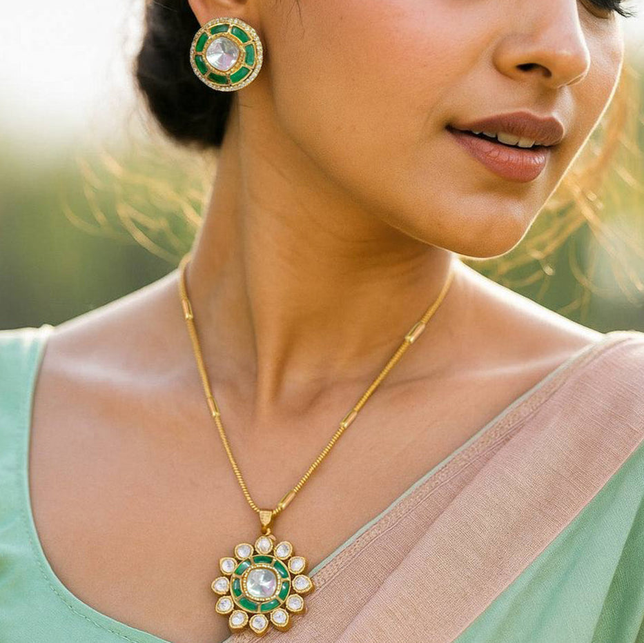 Elegant Kundan Green Floral Pendant Set with Earrings  Traditional Gold Finish Jewelry