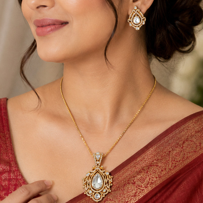 Royal Golden Polki Moissanite Necklace Set