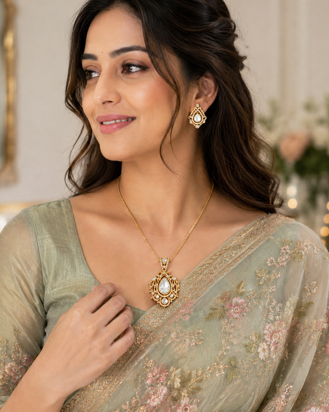 Royal Golden Polki Moissanite Necklace Set