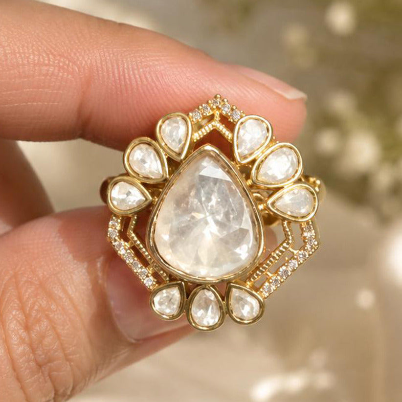Royal Golden Moissanite Polki Statement Ring