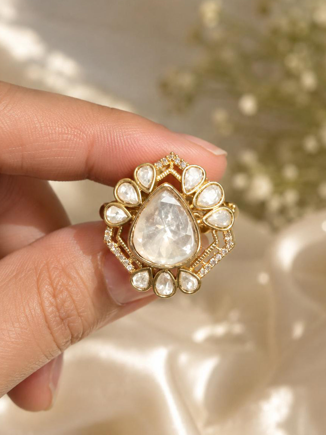 Royal Golden Moissanite Polki Statement Ring
