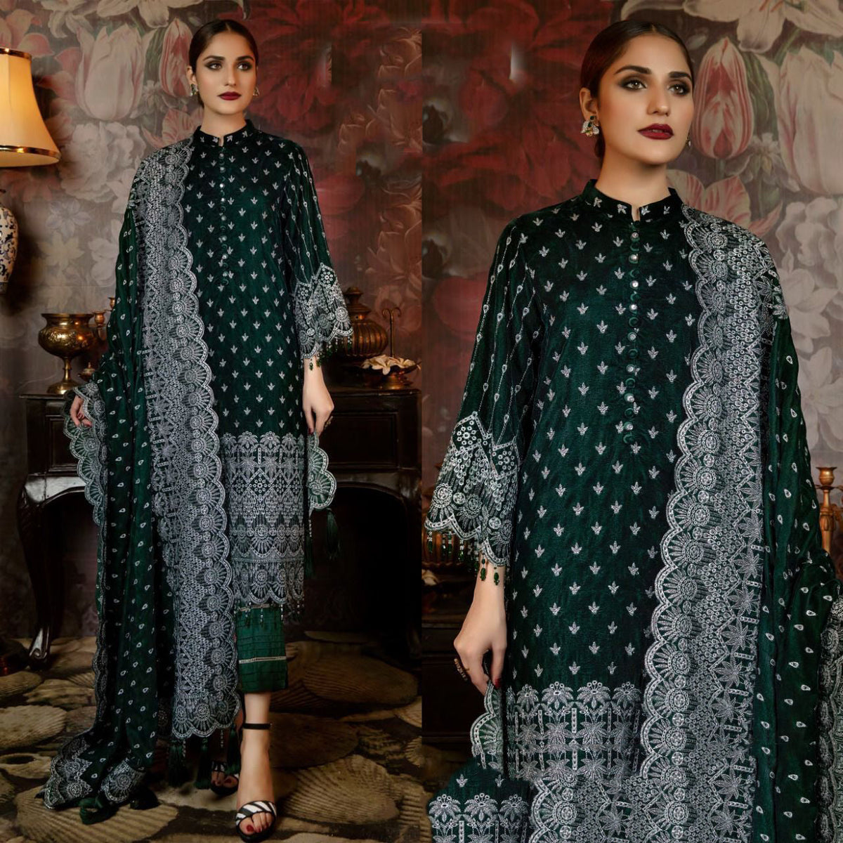 {Unstitched  Stitched} Beautiful Heavy Embroidery suit with Butterfly Net Embroidery Dupatta