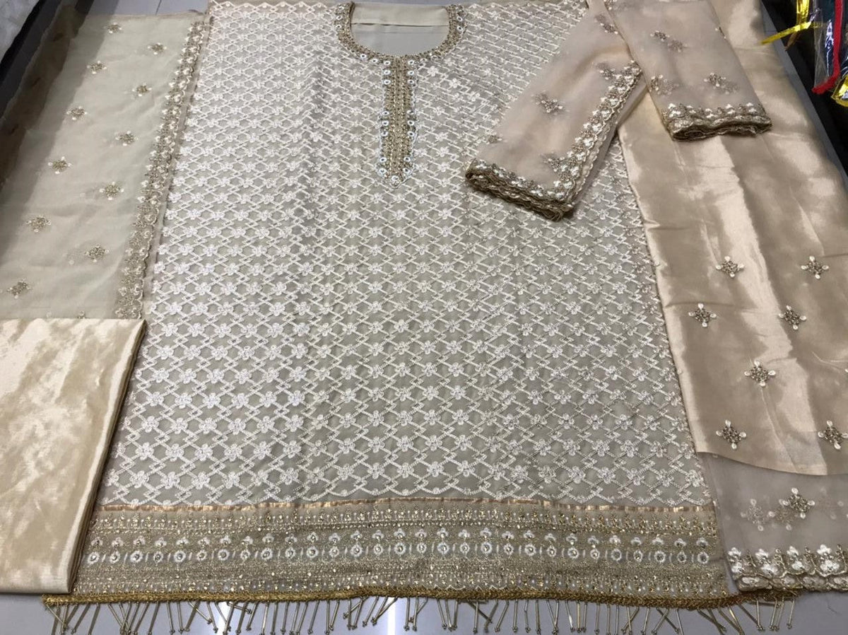 (Semi-Stitch)  Beautifull Heavy Faux Georgette With Chain Stitch Embroidery Work With Stone