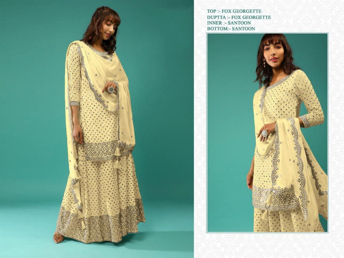(Semi-Stitch)  Faux Georgette (With Embroidery Work + Beautiful  & Sequence Work)