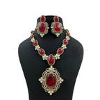 Gold Plated Long Necklace Set With Ruby Stone