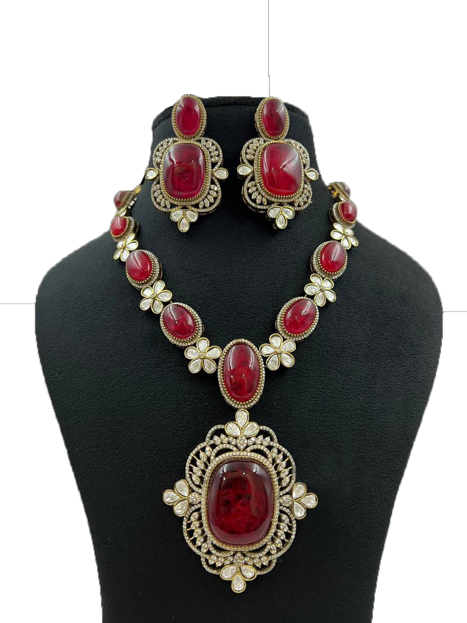 Gold Plated Long Necklace Set With Ruby Stone