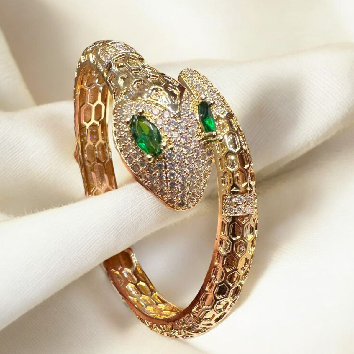 Luxury Gold-Plated Snake Bracelet with Emerald Green Eyes
