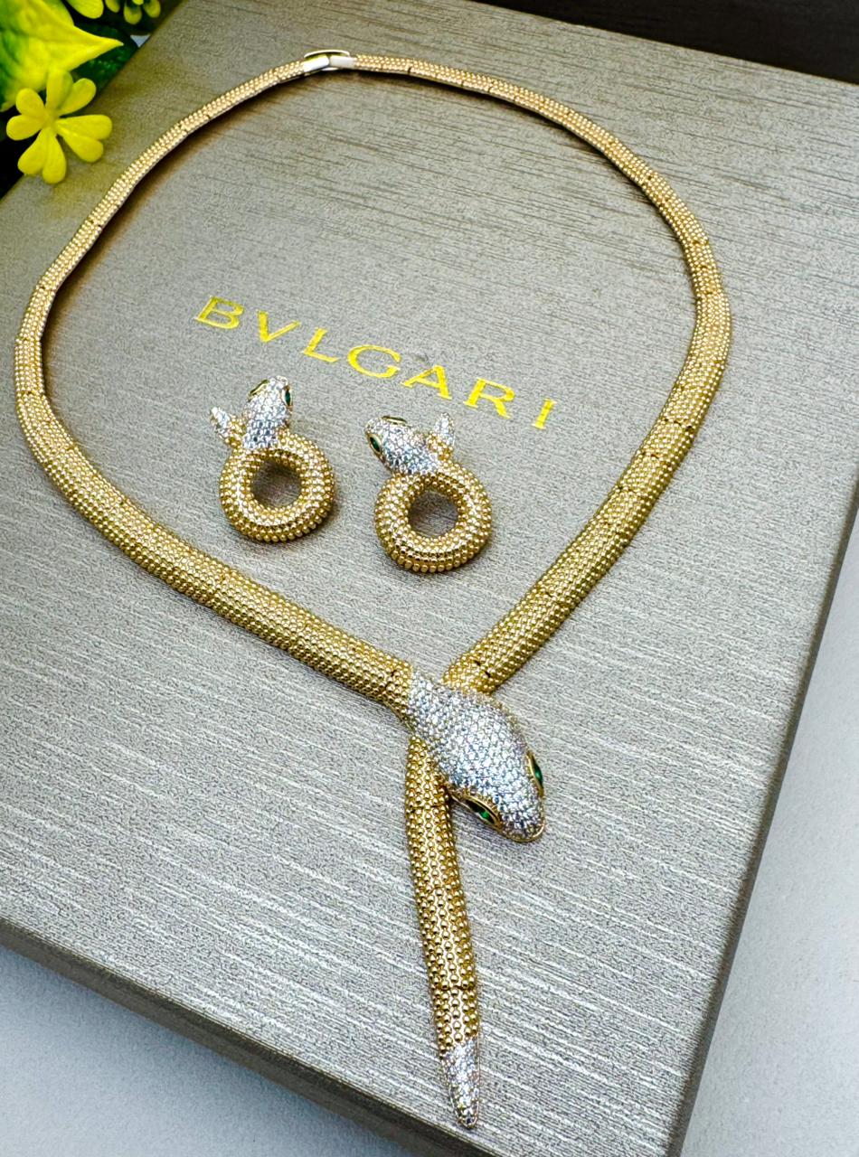 Luxury Serpenti Necklace & Earrings Set – Gold-Tone with Diamond Detailing