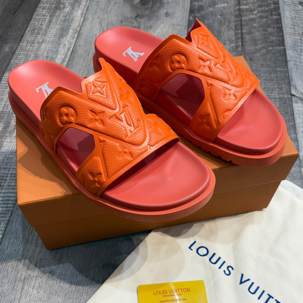 Premium Orange Embossed Monogram Slide Sandals