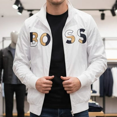 Premium White Logo Zip-Up Jacket