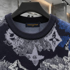 Luxurious Navy Designer Pullover with Artistic Monogram Pattern