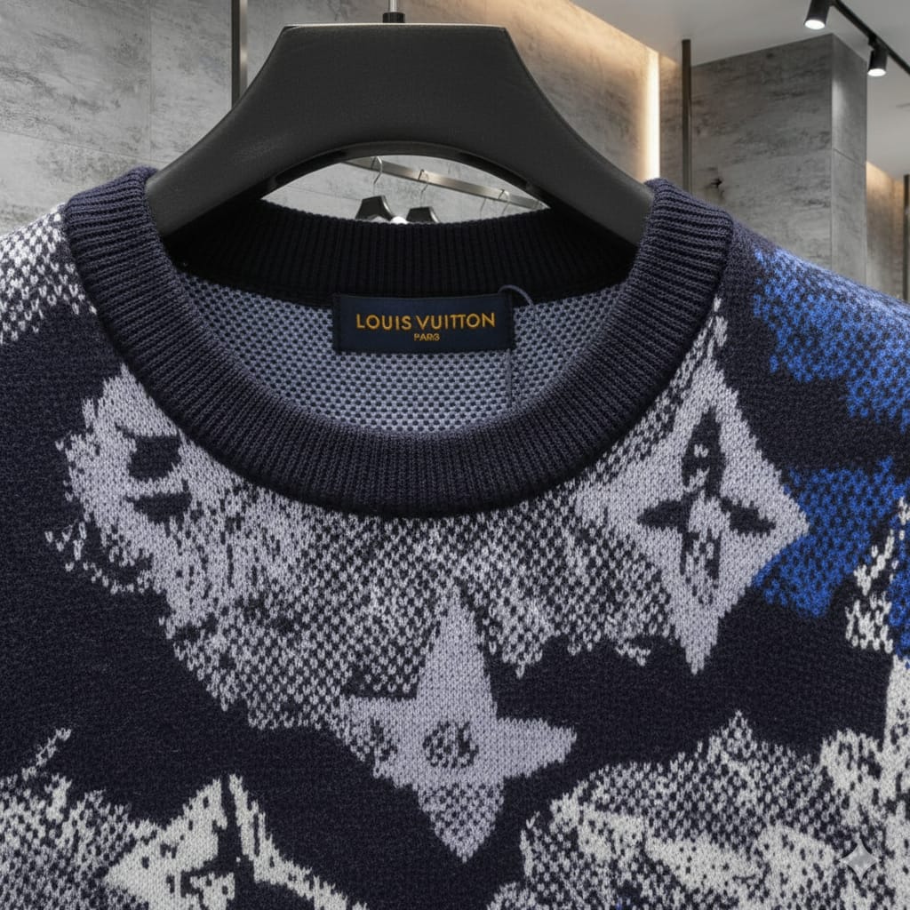Luxurious Navy Designer Pullover with Artistic Monogram Pattern