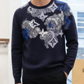 Luxurious Navy Designer Pullover with Artistic Monogram Pattern