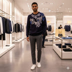 Luxurious Navy Designer Pullover with Artistic Monogram Pattern