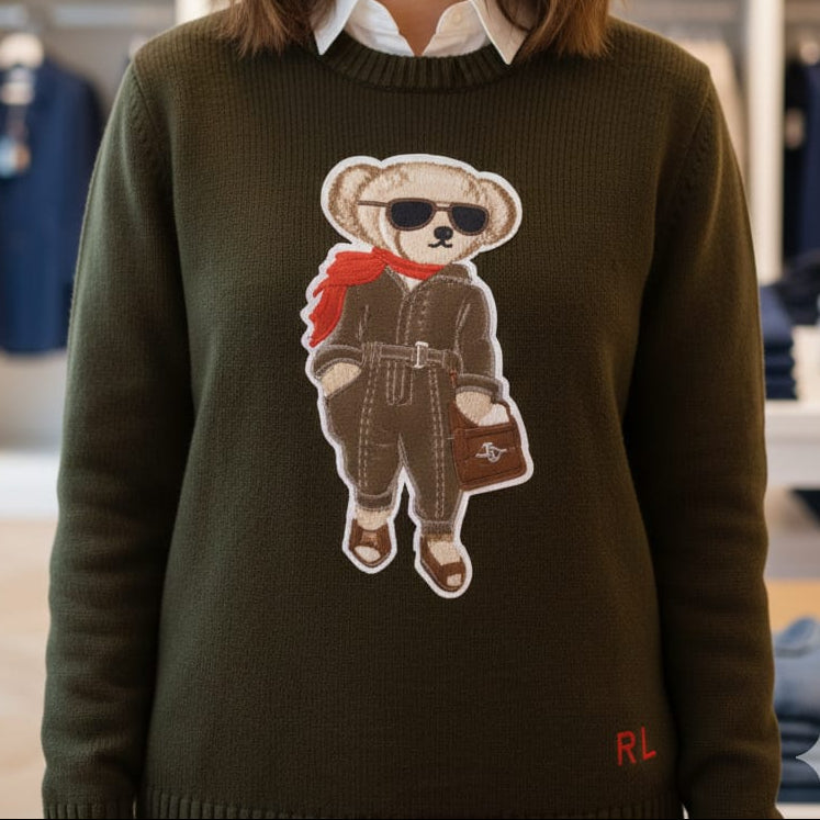 Stylish Teddy Bear Graphic Crew Neck Pullover