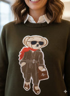 Stylish Teddy Bear Graphic Crew Neck Pullover