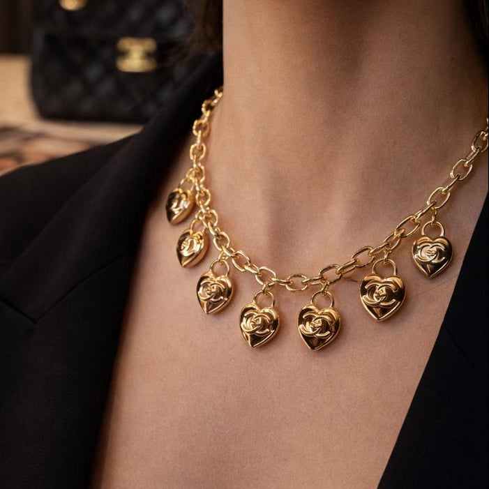 Women’s Premium Gold-Tone Charm Necklace with Heart Pendants