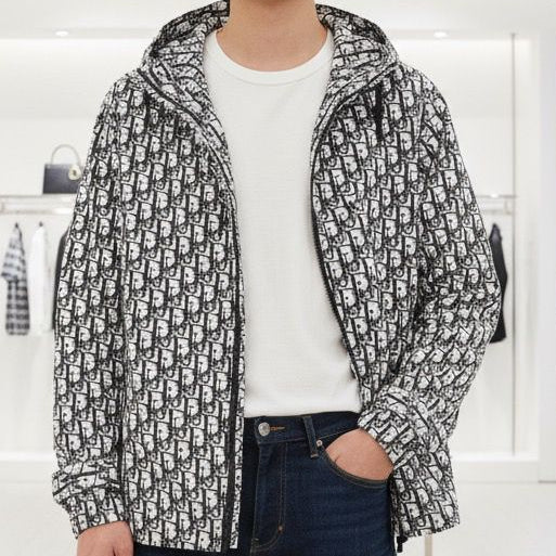Premium Black Designer Monogram Hooded Jacket